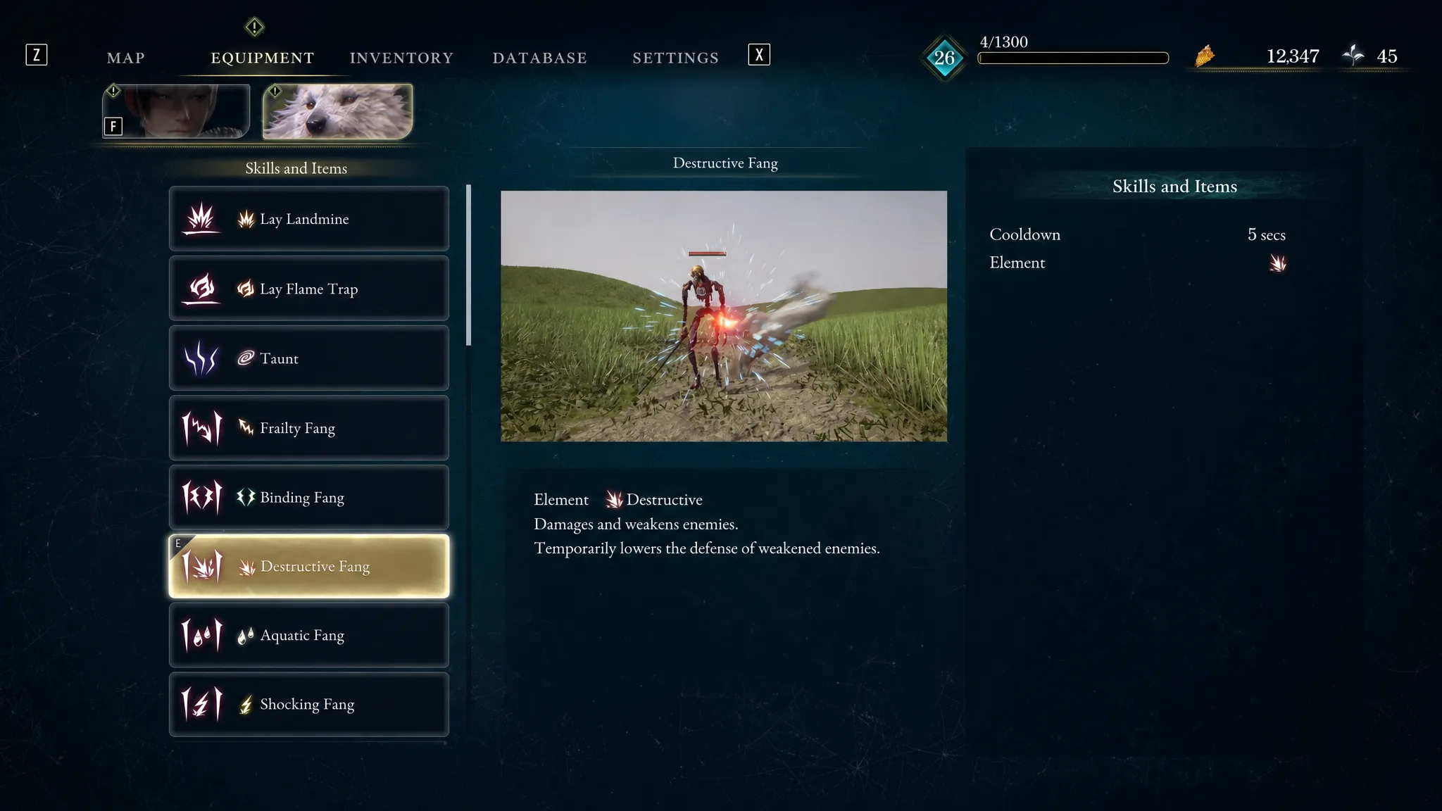 The Destructive Fang Skill Amber is shown in Beast of Reincarnation