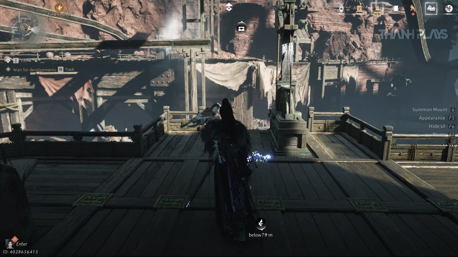 Character standing on a wooden platform with Wait for developments and Track shown