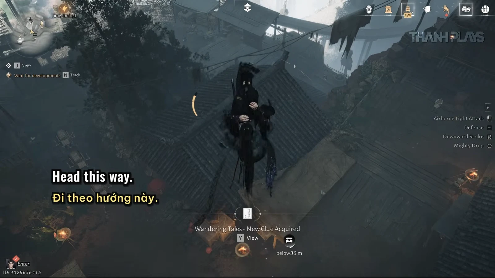 Character jumping above rooftops as Wandering Tales New Clue Acquired appears