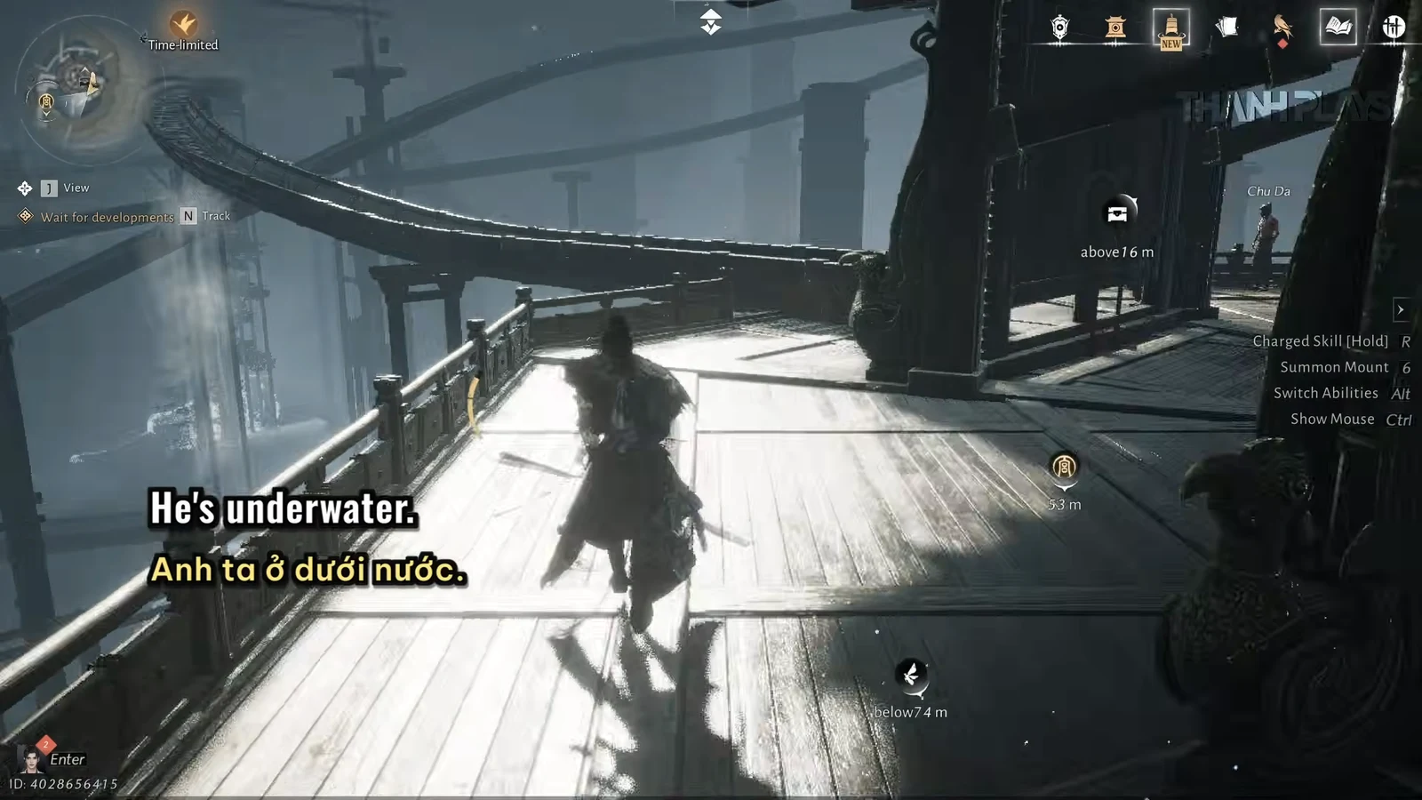 Character walking a wooden platform with the Wait for developments objective tracked