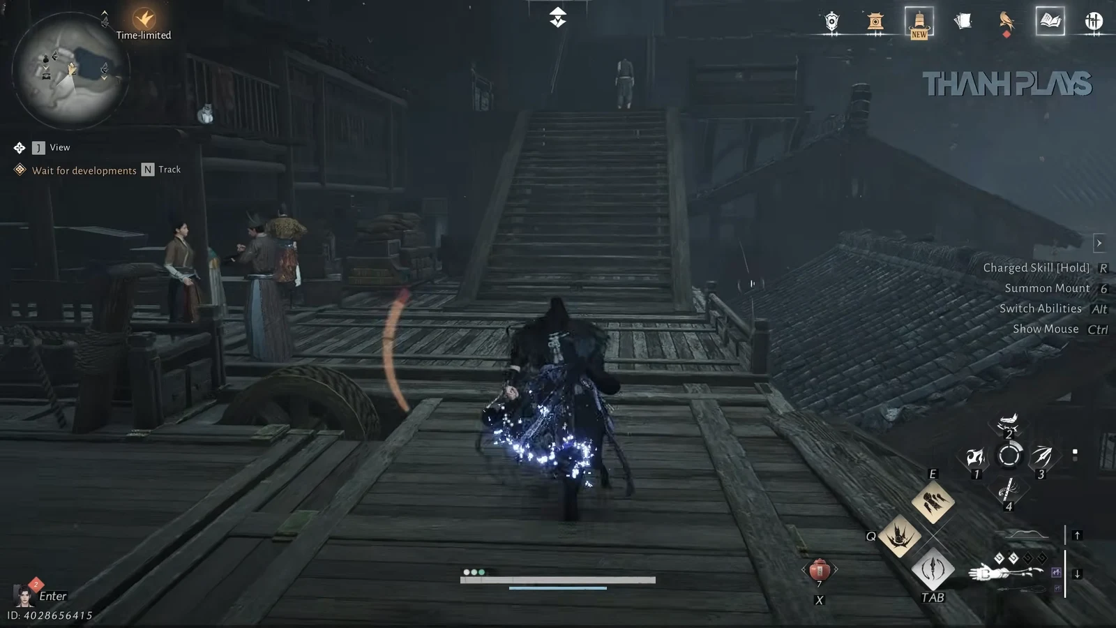 Character running across wooden rooftops toward stairs with Wait for developments tracked