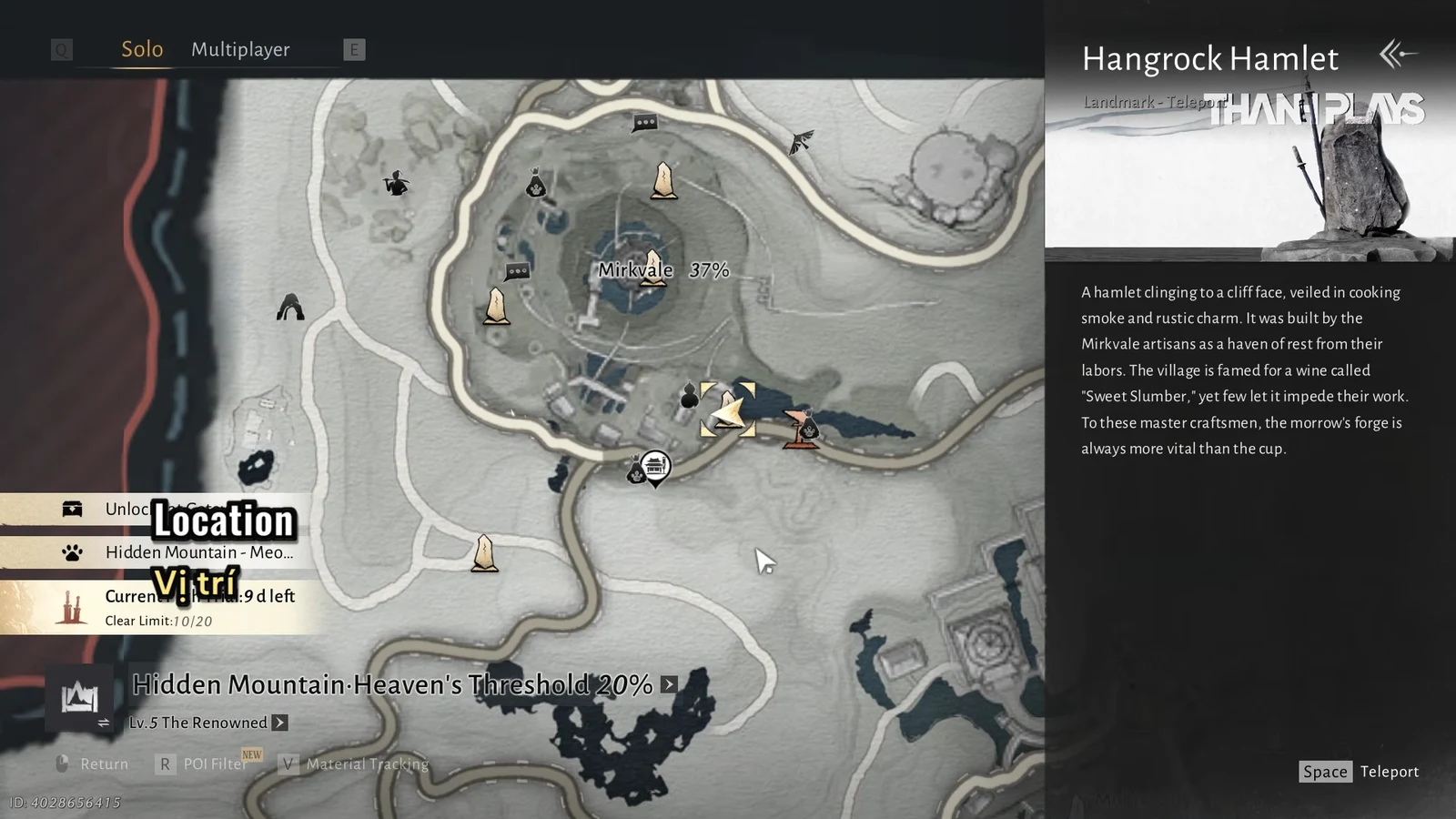 Hangrock Hamlet landmark panel on the map with a Space prompt to teleport