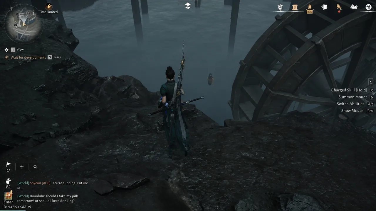 Character exploring beside the large waterwheel at the Mirkvale mine lake