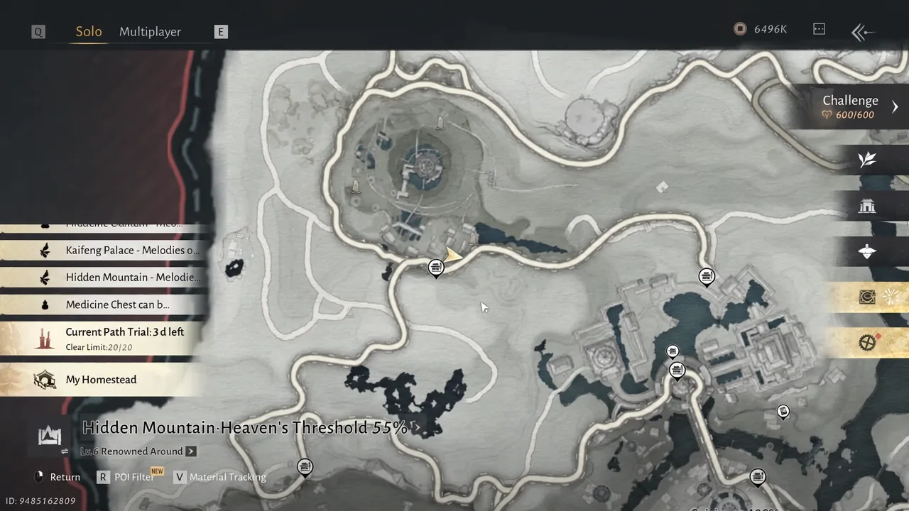 Hidden Mountain map open in Where Winds Meet with a route tracked toward Mirkvale
