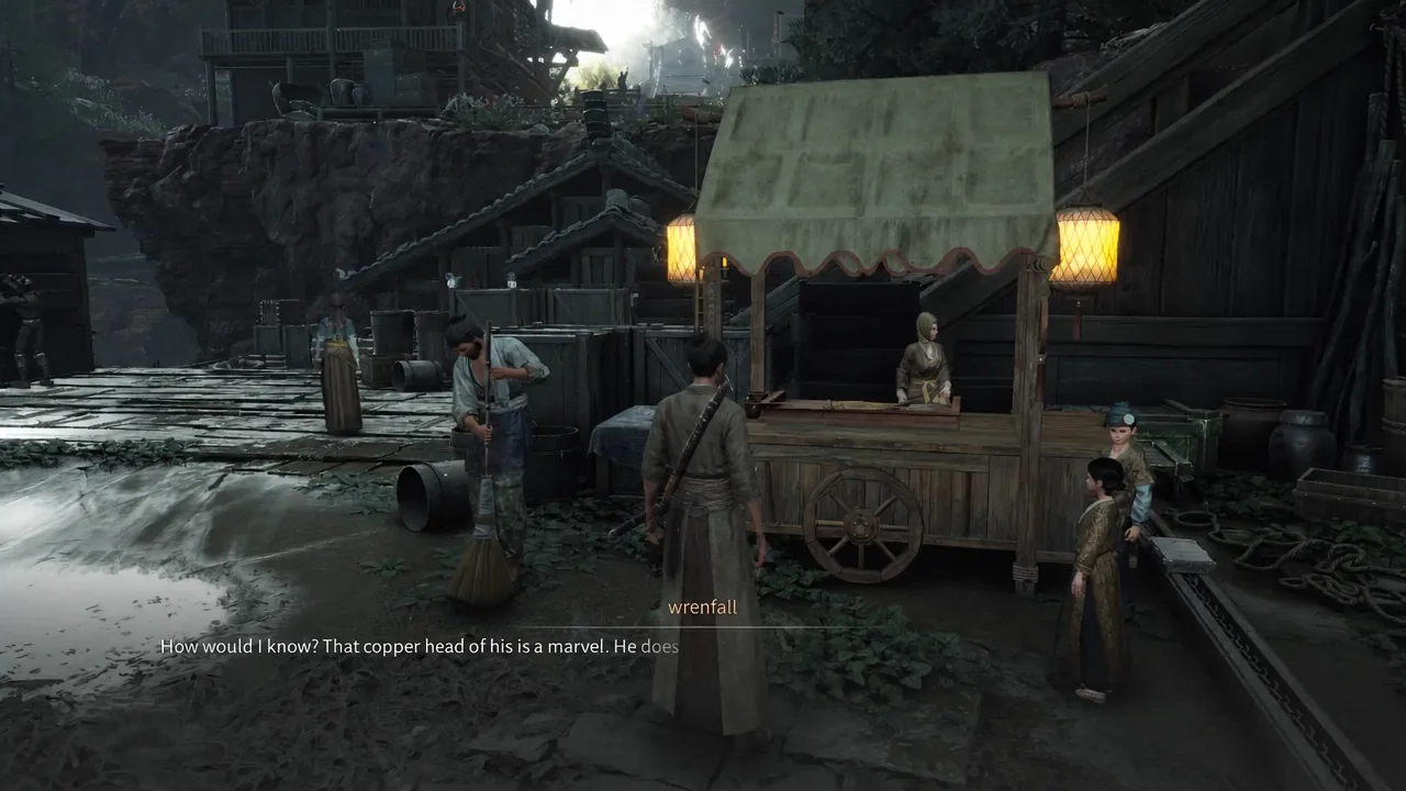 Conversation at the Mirkvale market stall with subtitles shown at the bottom of the screen