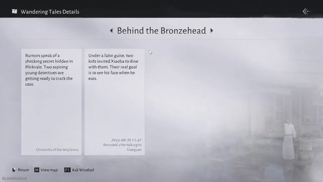 Wandering Tales details screen showing the first clue for the Mirkvale quest