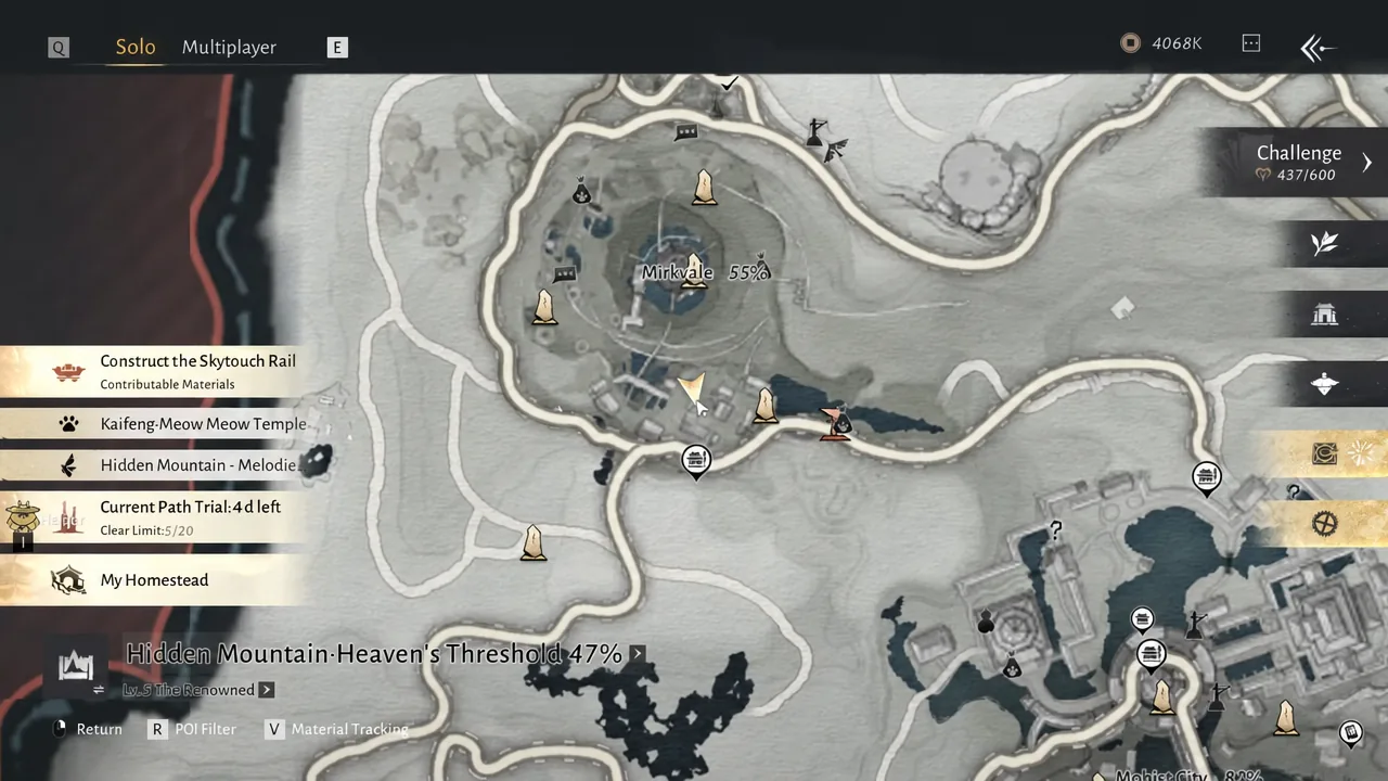 World map open on the Hidden Mountain and Heaven's Threshold region with a tracked objective highlighted