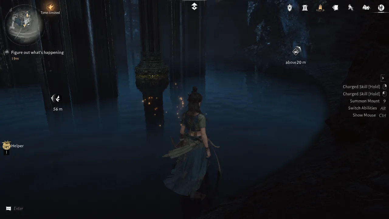Character moving through a dark flooded mine cavern with the Figure out what's happening objective active