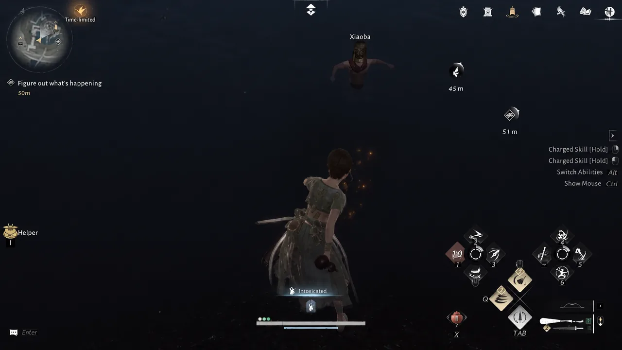 Player character in the mine lake with an Intoxicated status effect showing during the final objective