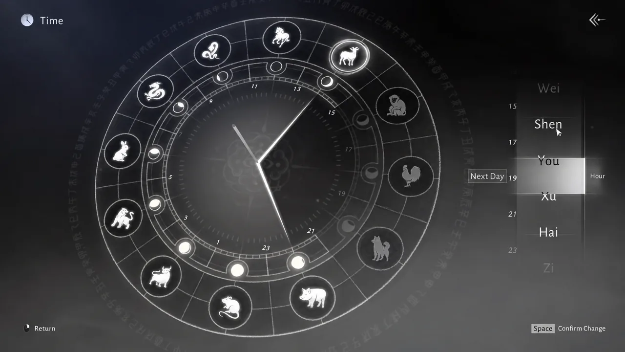 In-game time menu with an evening hour selected and the option to advance to the next day