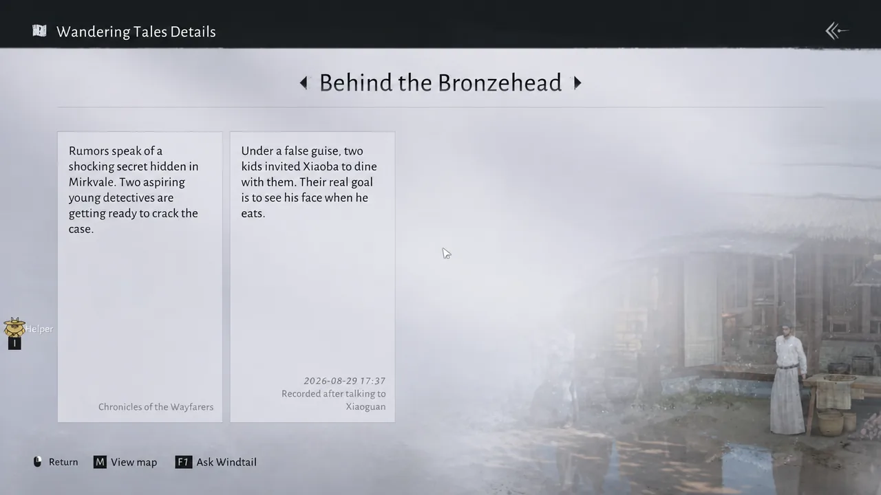 Wandering Tales details panel with the Behind the Bronzehead entry selected and its synopsis shown
