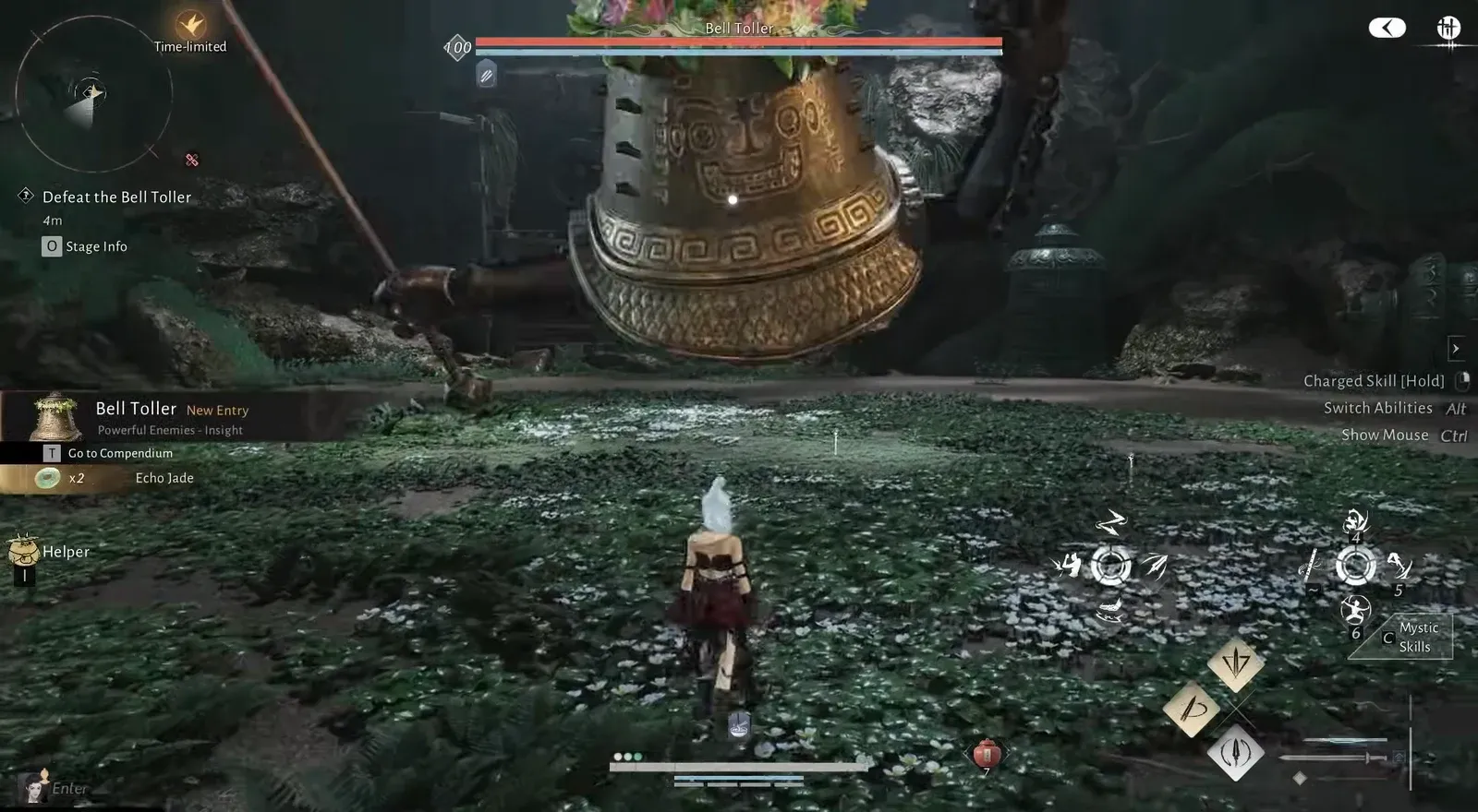 Player character facing the Bell Toller in a grassy arena with the Defeat the Bell Toller objective active