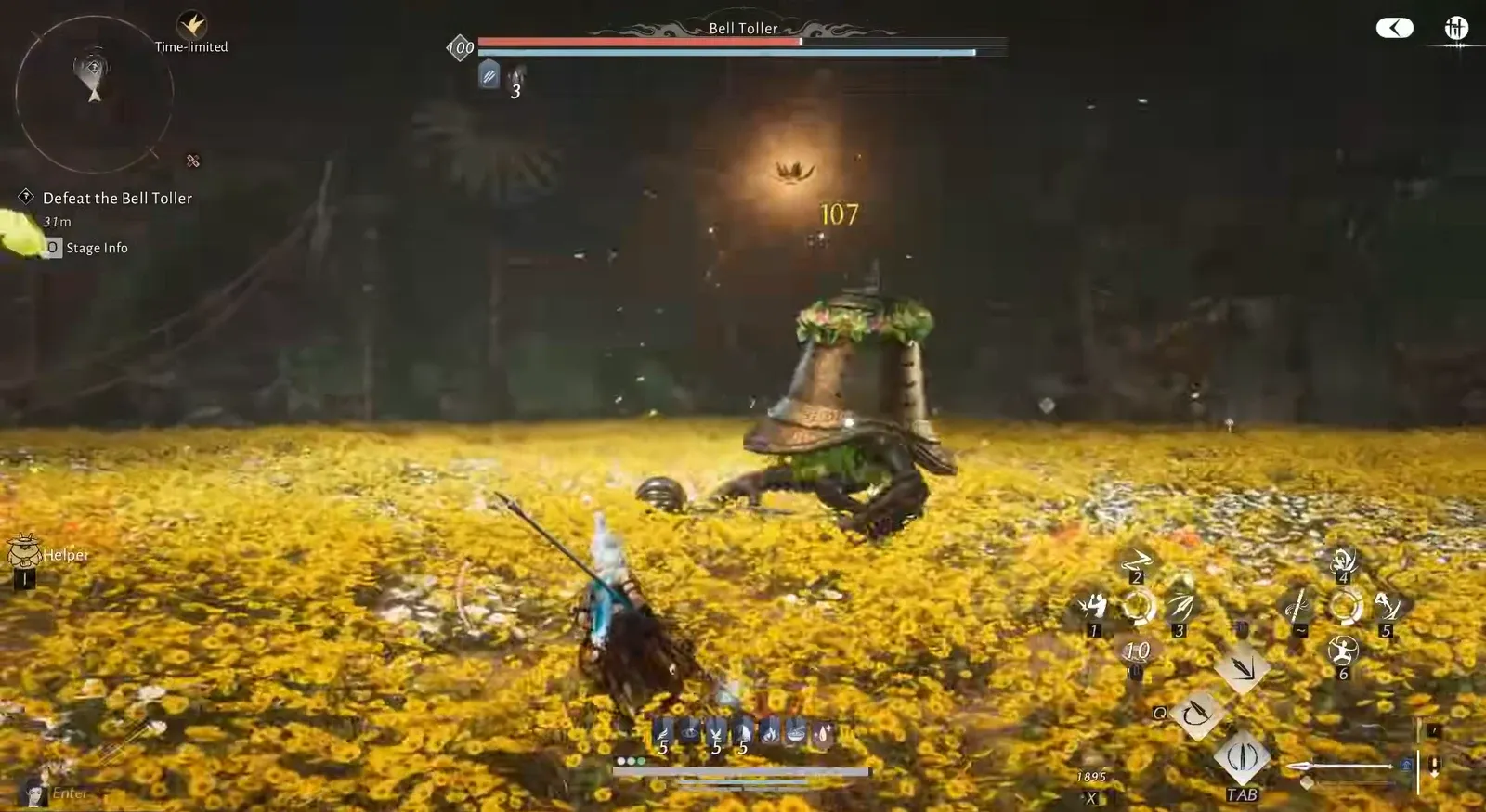 Player attacking the Bell Toller in a field of yellow flowers with the objective still active