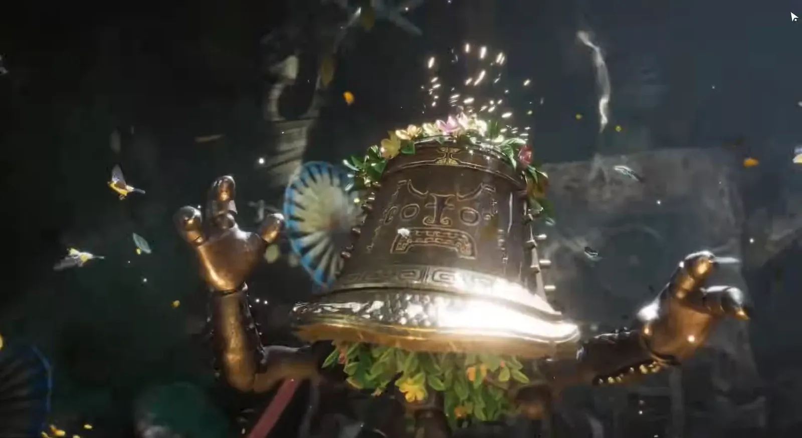 The Bell Toller falling to the ground as flowers spill from its head after defeat