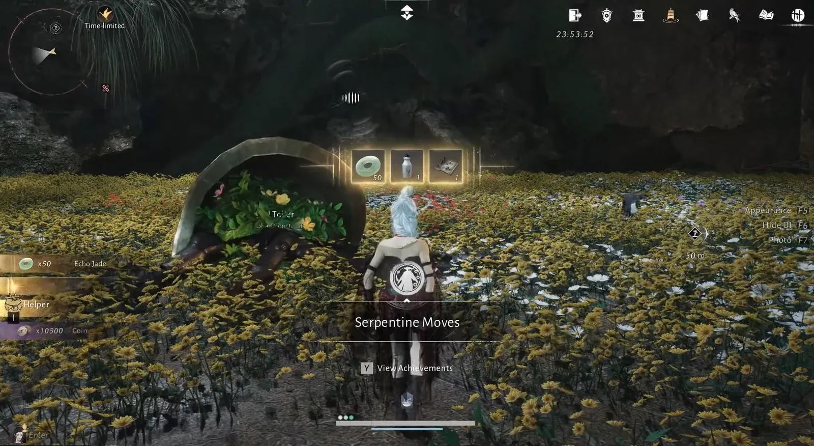 Serpentine Moves achievement notification on screen with a button prompt to view achievements