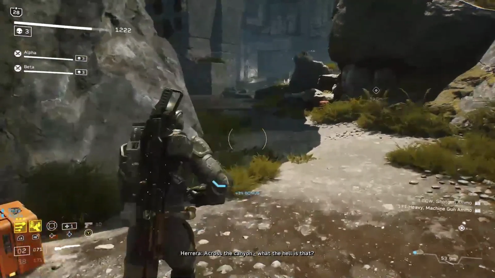 Soldier advances through a rocky canyon toward an objective marker 158 meters ahead with a shotgun equipped