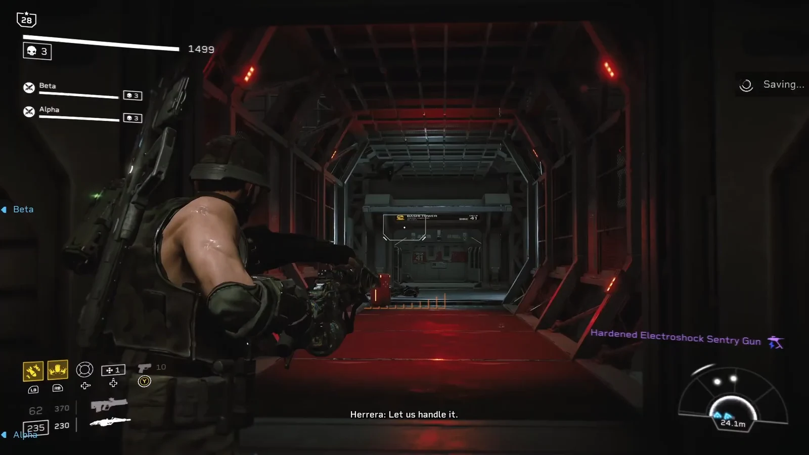 Player aims a heavy shoulder-mounted weapon down a red-lit corridor as teammates push forward