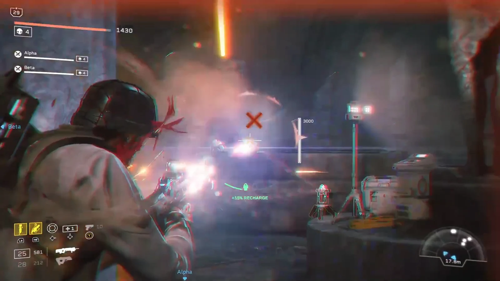 Combat view with the player firing on an enemy while Alpha and Beta teammate status bars stay visible
