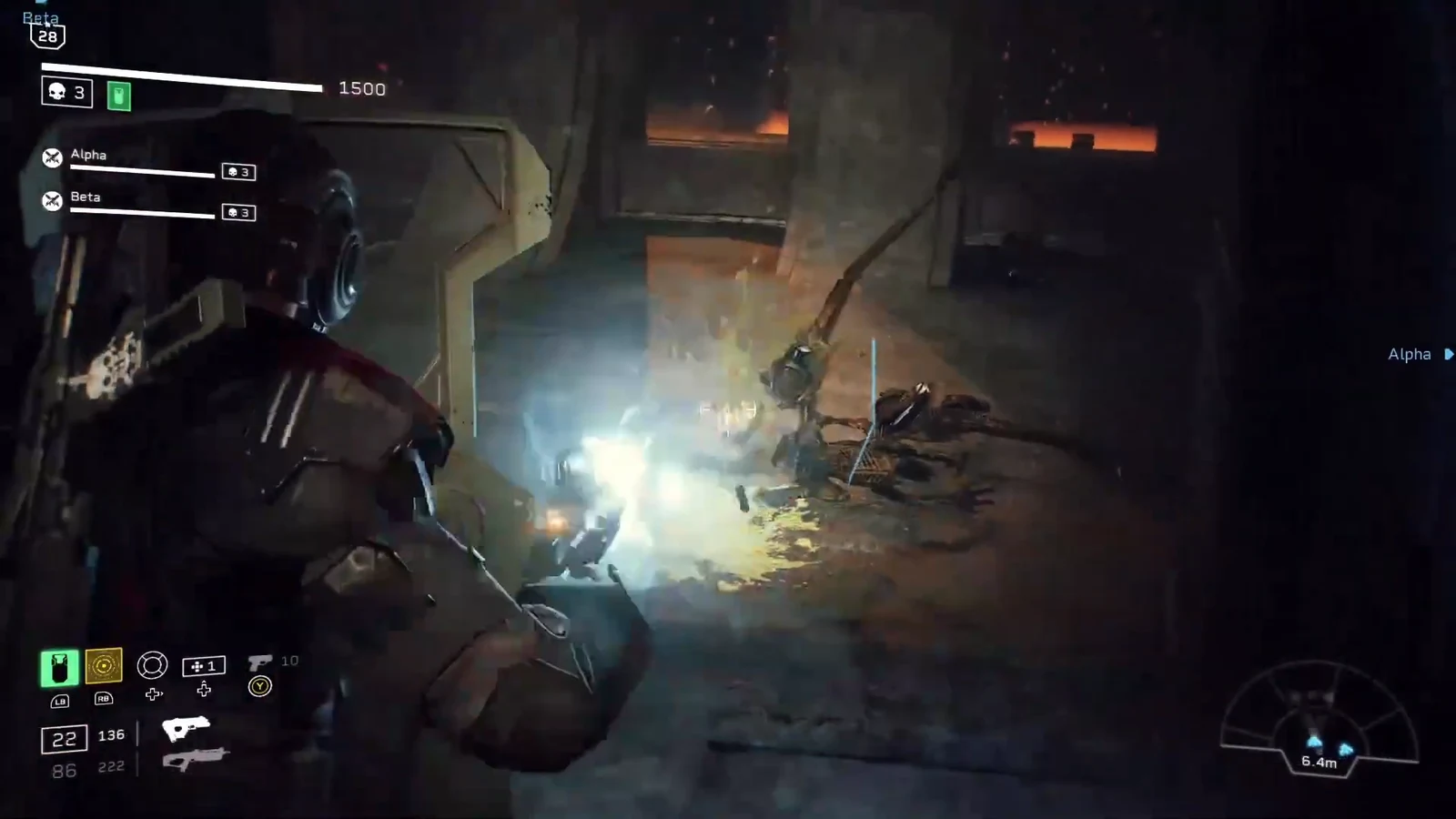 Third-person combat view of the player firing on a nearby enemy in a dark industrial room