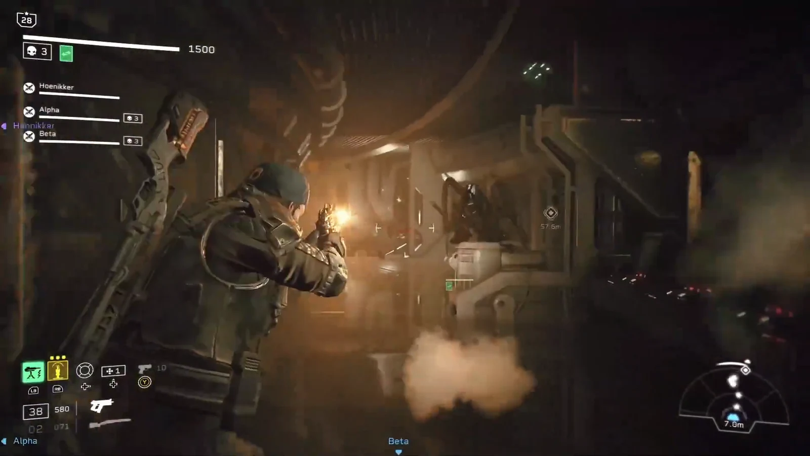 Player fires down a smoke-filled corridor toward enemies with a 57.5-meter objective marker ahead