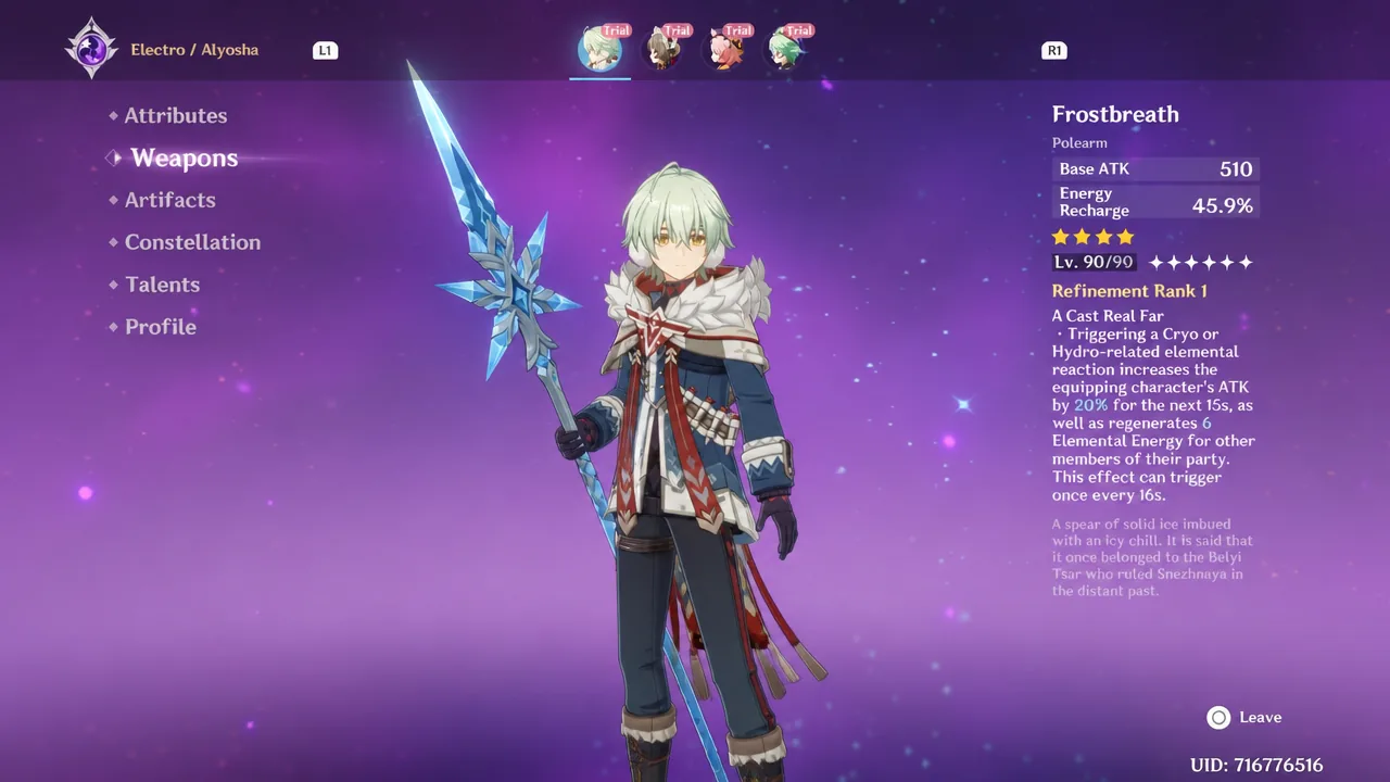 Alyosha with the Frostbreath weapon in Genshin Impact