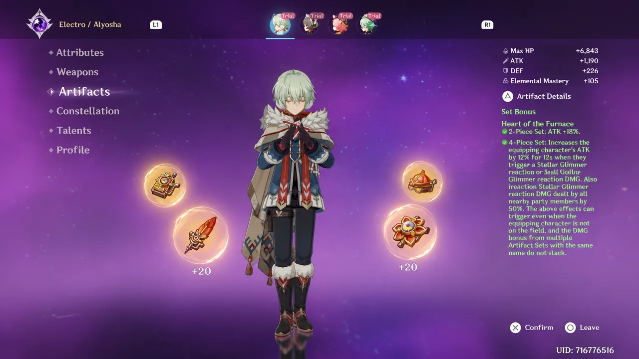 Alyosha with the Heart of the Furnace artifact set equipped in Genshin Impact