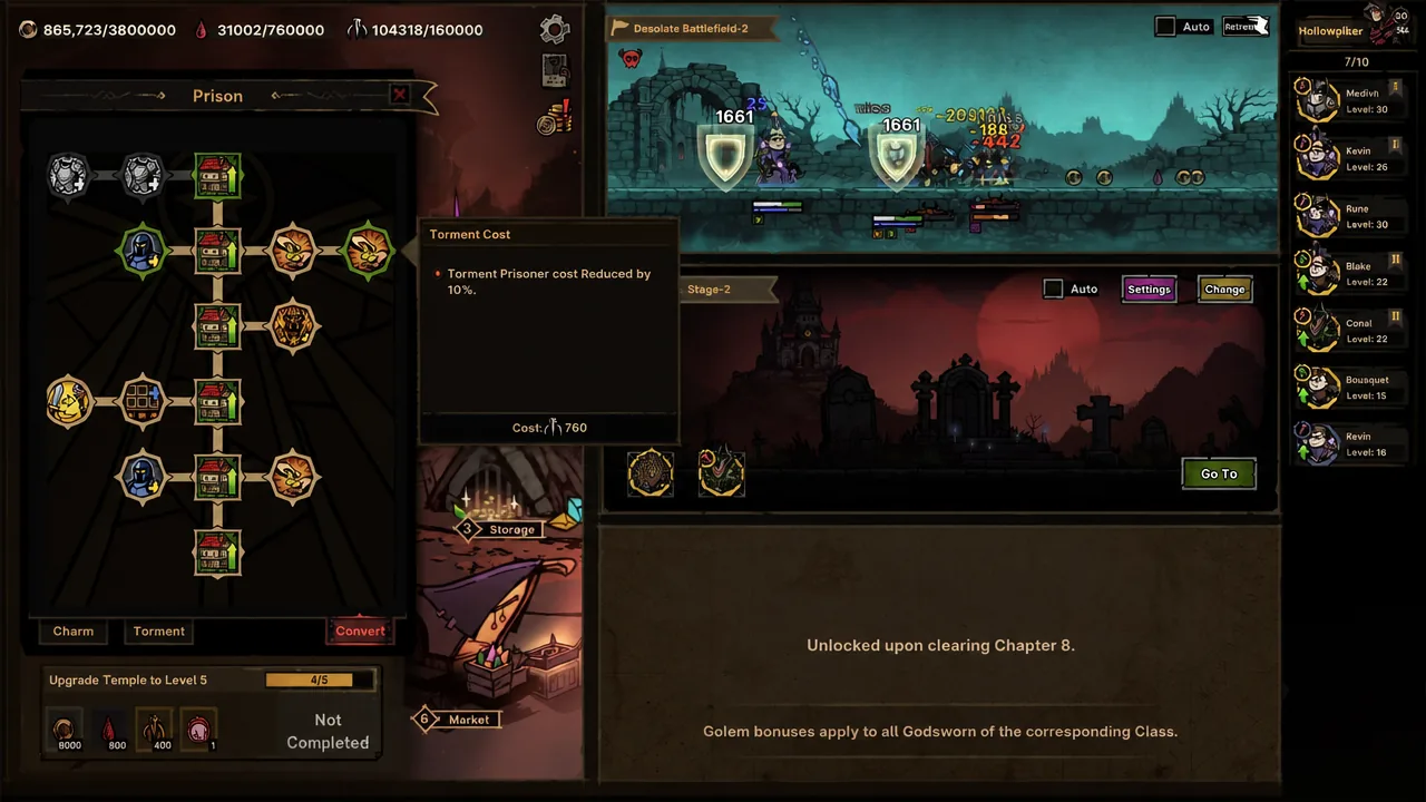 Prison upgrade node showing a Torment Cost tooltip
