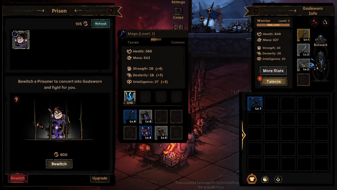 Prison menu showing a Mage prisoner with the Bewitch option ready