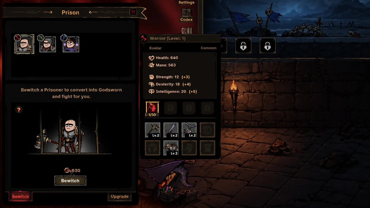 Prison menu showing Warrior prisoner details with the Bewitch option