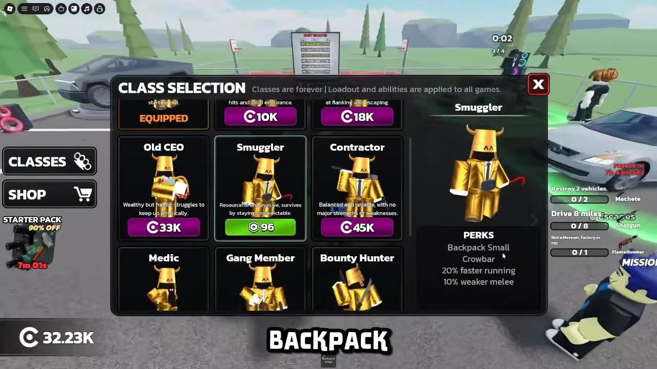 Smuggler class highlighted in the Class Selection menu with its perks and purchase button visible