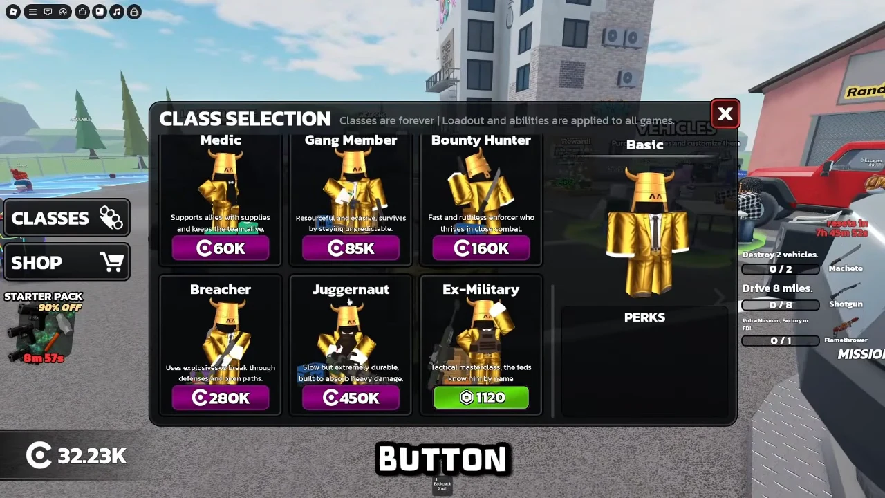 Ex-Military class highlighted in the Class Selection menu showing its character model and perks