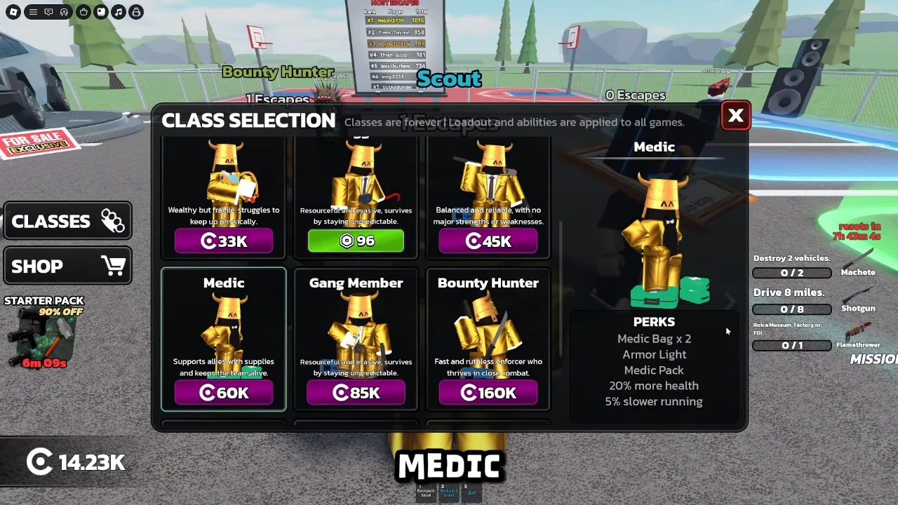 Bounty Hunter class card highlighted in the Class Selection menu with its perks displayed