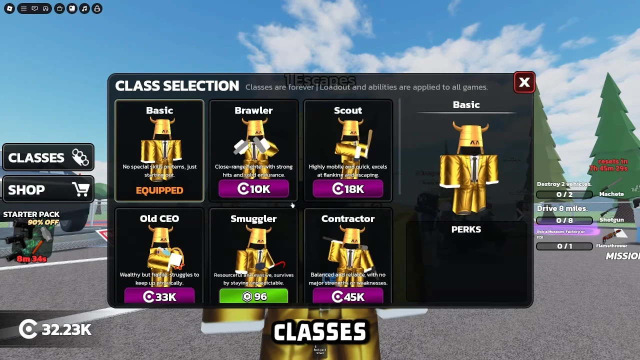 Class Selection menu open with the default Basic class equipped and other classes shown for purchase