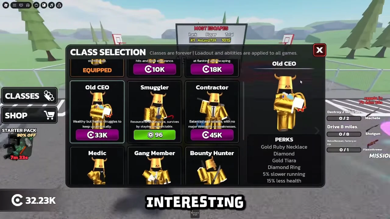 Old CEO class highlighted in the Class Selection menu with its character preview and perks
