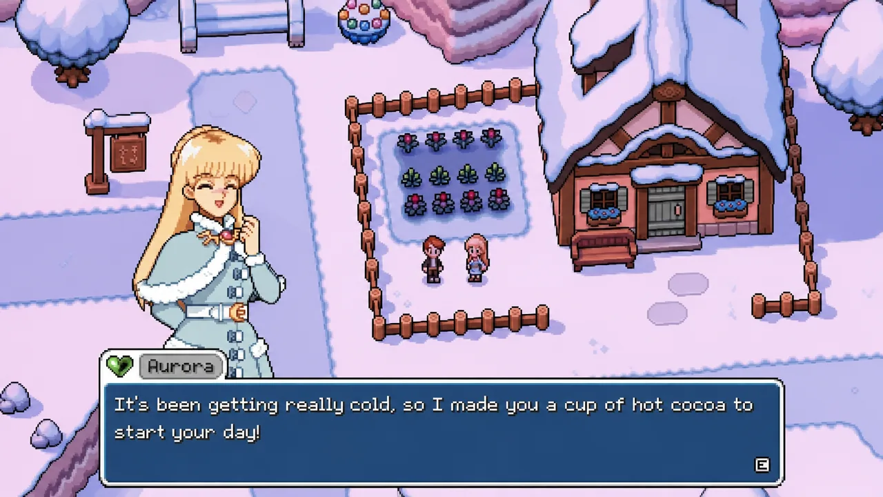 Aurora dialogue box saying she made a cup of hot cocoa to start the day