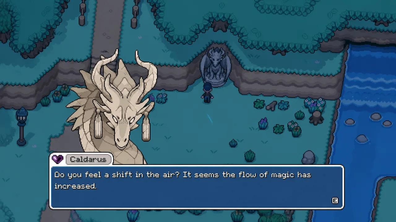 Caldarus dialogue box describing increased magic flow with an E prompt to advance