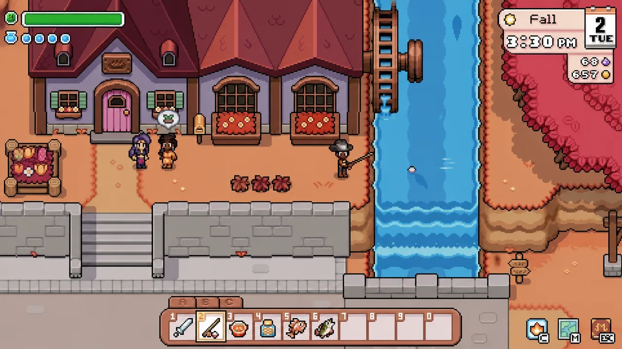 Riverside town screen with the fishing rod selected, casting a line into the river