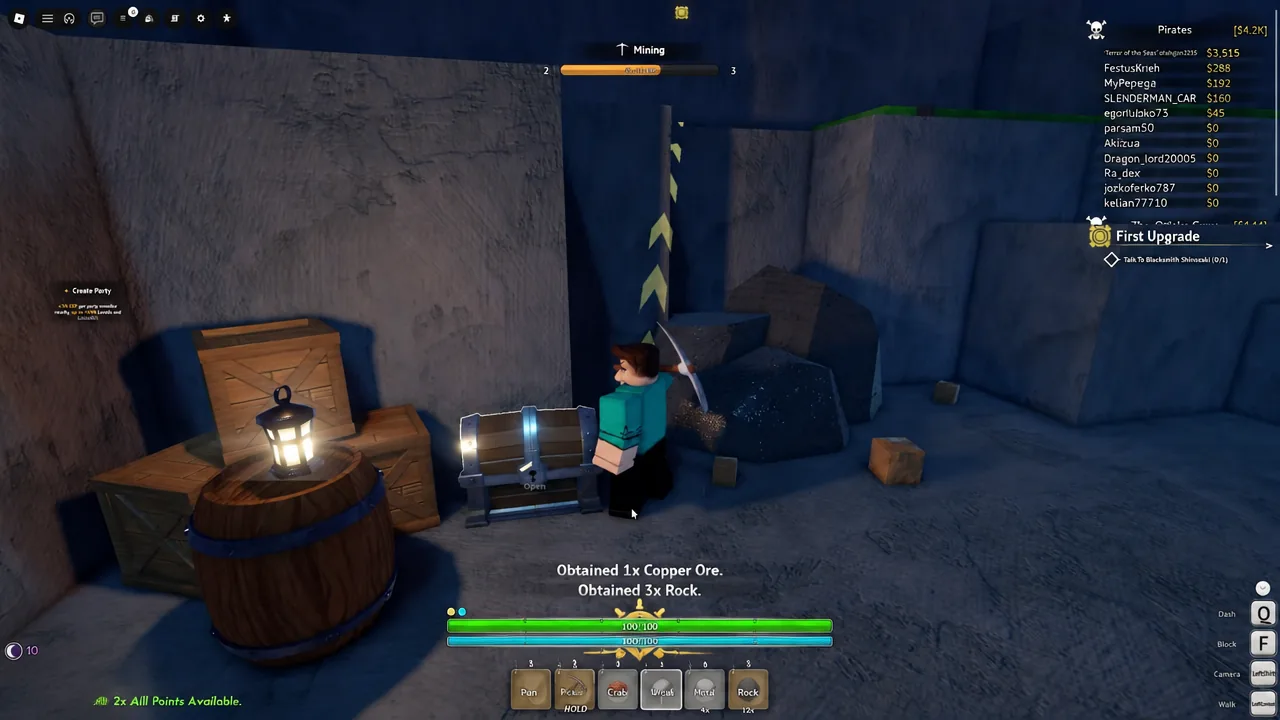 Open prompt displayed on a chest in Grand Blue while the player gathers copper ore and rock