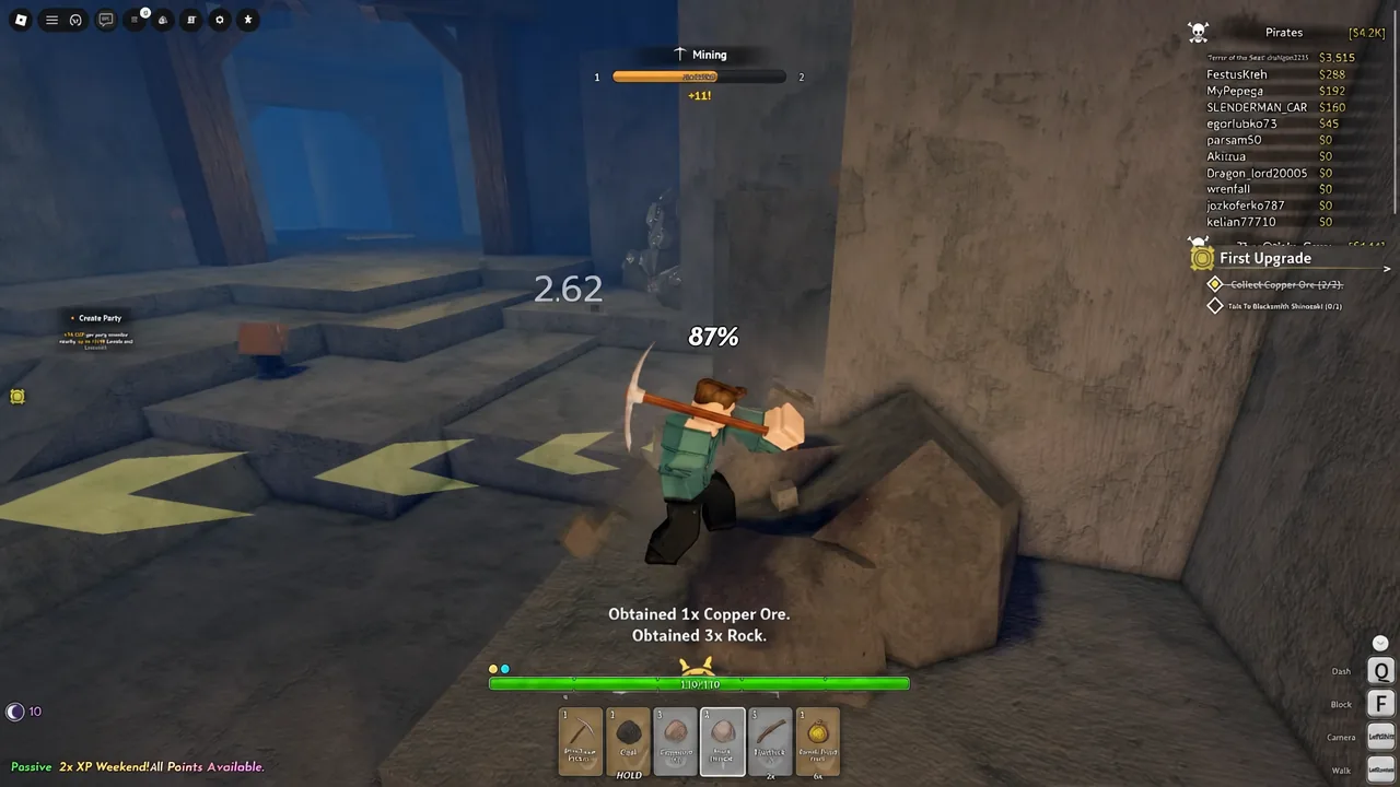 Mining progress bar filling as the player swings a pickaxe at a rock in Grand Blue