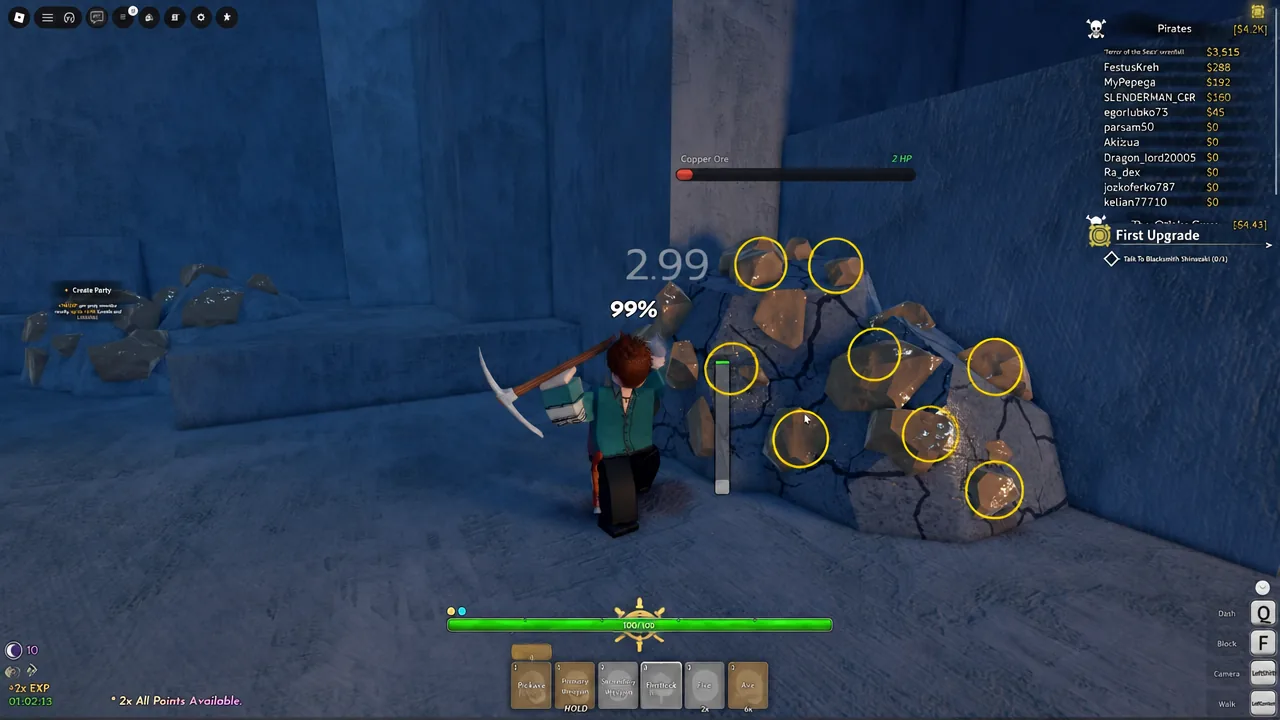 Copper ore deposits highlighted on the mine wall in Grand Blue while the player mines