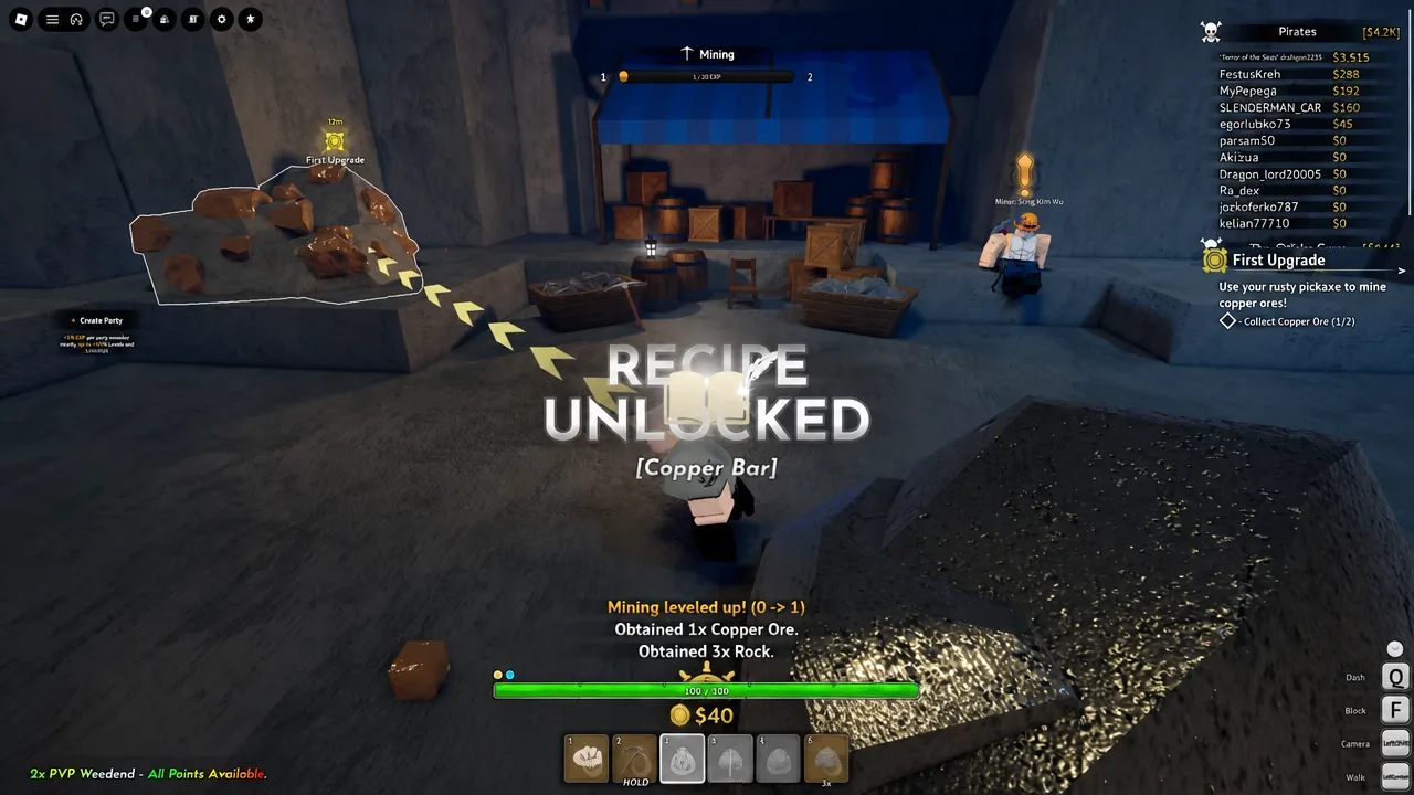 Copper ore deposit highlighted during mining, unlocking the Copper Bar recipe in Grand Blue