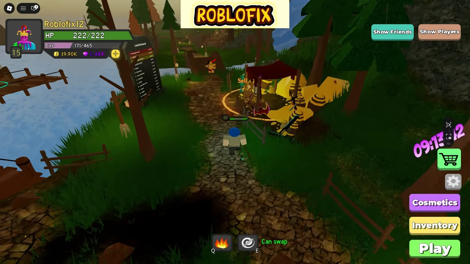 Avatar approaching a yellow market stall labeled Sell in Dungeon Quest Reborn