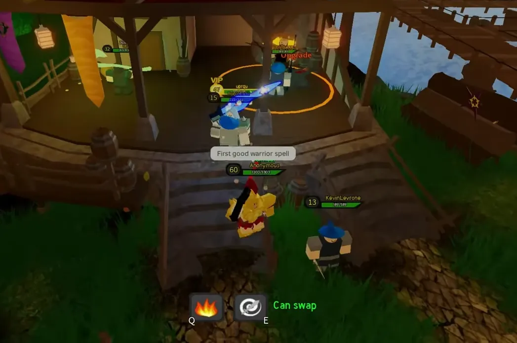 Player casting a blue warrior spell at an enemy inside an orange combat circle