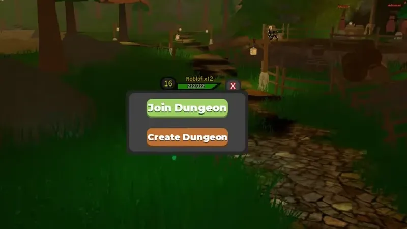 Dungeon menu open with Join Dungeon and Create Dungeon options before entering