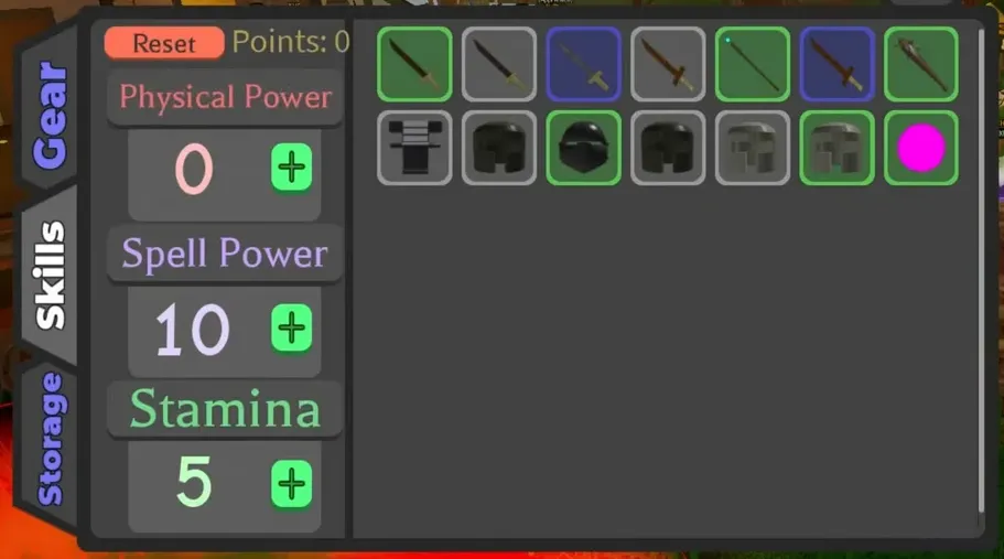 Skills menu showing Physical Power, Spell Power, and Stamina with plus buttons to allocate points