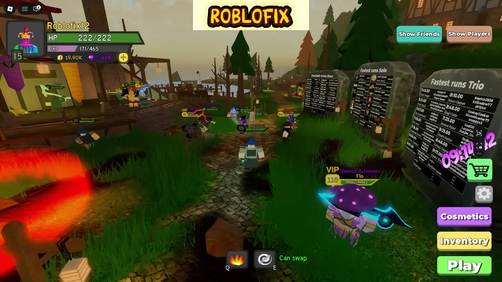 Dungeon Quest Reborn lobby with the avatar near leaderboards and a green Play button