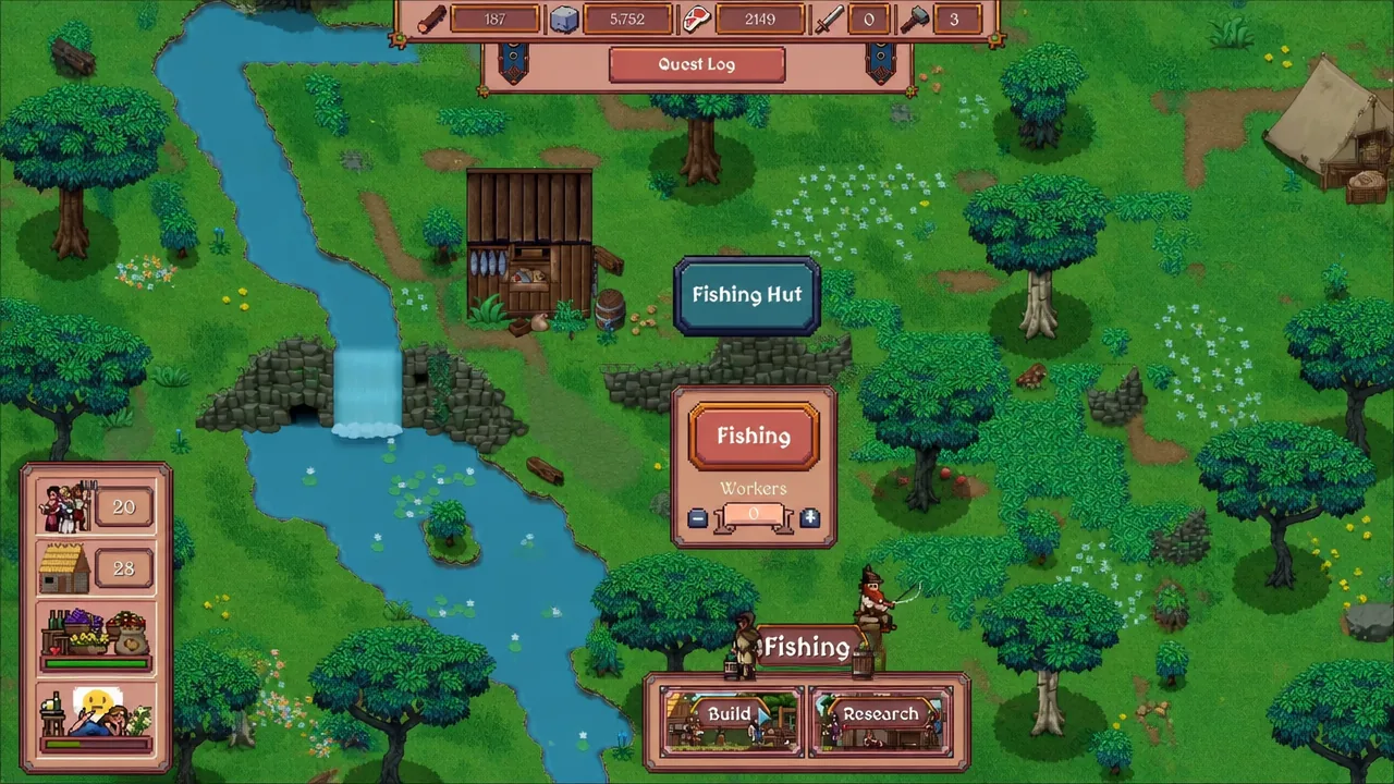Fishing Hut panel open in Hearth and Hamlet, showing worker assignment options for the hut