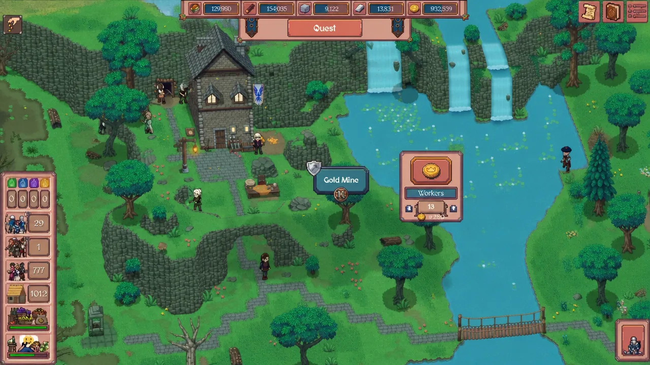 Early Hearth and Hamlet settlement view with worker panels and the resource bar across the top