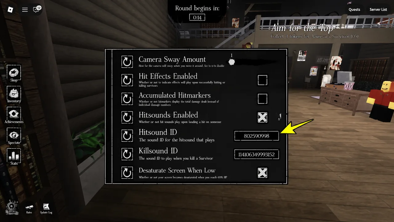 Forsaken settings panel with the Hitsound ID field open and a numeric code entered
