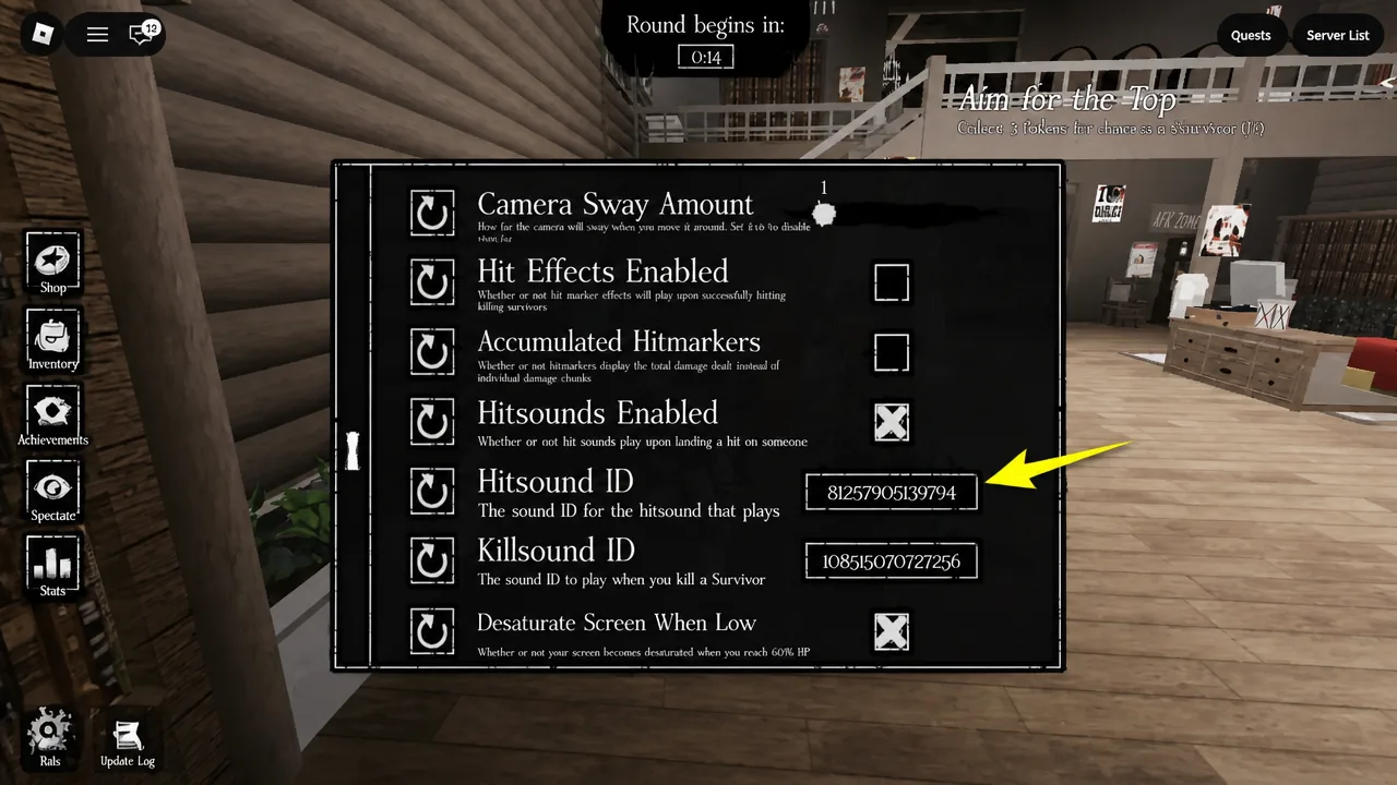 Forsaken settings menu with a numeric code entered into the Hitsound ID field